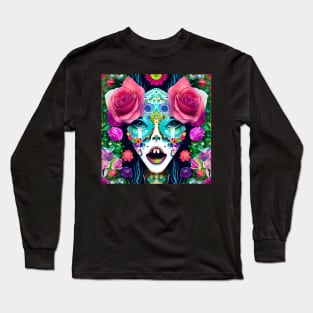 Day of the Dead Inspired Painted Woman Face with Flowers Long Sleeve T-Shirt